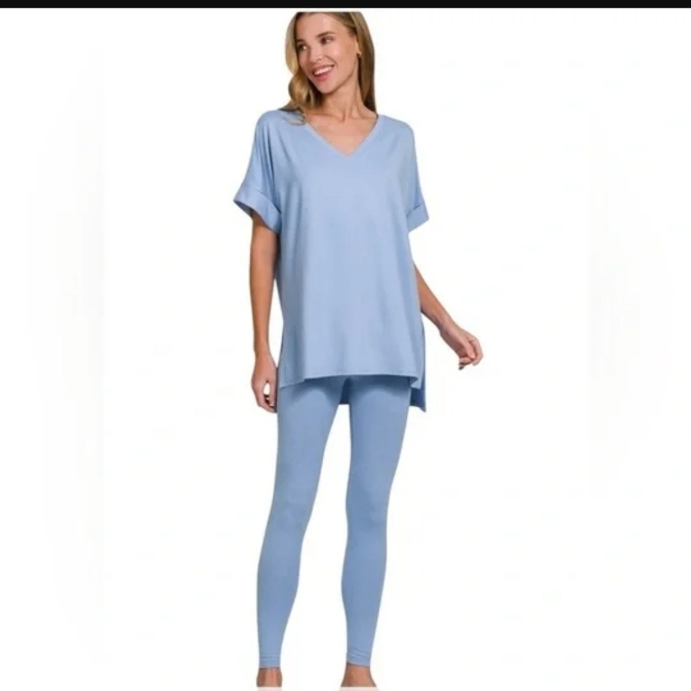 Sky Blue V-Neck Top and Leggings Set